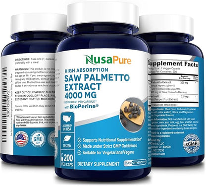 NusaPure Saw Palmetto 4,000mg per Veggie Caps 200 Count (Extract 20:1, Non-GMO, Gluten Free, Vegetarian, Bioperine)