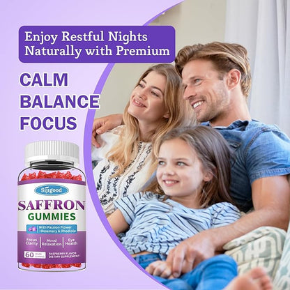Saffron Gummies - Sugar Free Saffron Supplement for Men Women Mood Support Supplement with Saffron Extract, Passion Flower, Magnesium & Vitamins for Relaxation, Focus, Raspberry Flavor, 60 Count