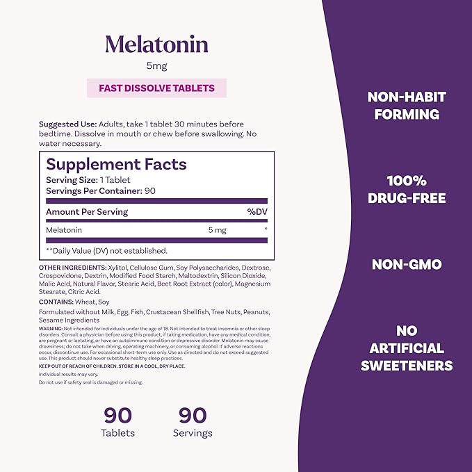 Natrol Fast Dissolve Melatonin 5 mg, Melatonin Supplements for Restful Sleep, Sleep Support for Adults, 90 Strawberry-Flavored Tablets, Up to a 90 Day Supply