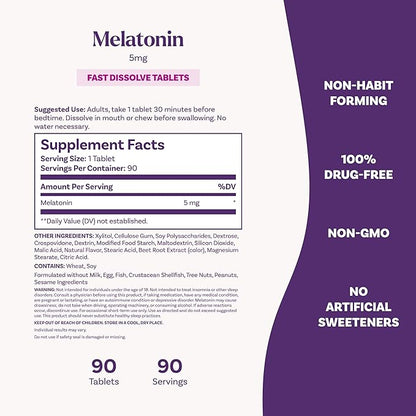 Natrol Fast Dissolve Melatonin 5 mg, Melatonin Supplements for Restful Sleep, Sleep Support for Adults, 90 Strawberry-Flavored Tablets, Up to a 90 Day Supply
