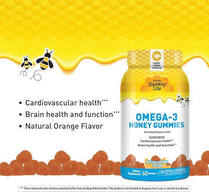 Country Life Omega-3 Honey Gummies - Non-GMO - Certified Gluten Free - to Support Cardiovascular Health, Brain Health and Function***