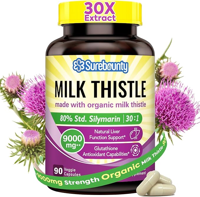 Organic Milk Thistle, 9000 mg Equivalent, 30X Concentrated Seed Extract, 80% Silymarin, Liver Support Cleanse Detox, Fatty Liver Supplements, Non-GMO, No Gluten & Soy, 90 Veggie Caps, 3 Month Supply