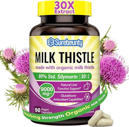 Organic Milk Thistle, 9000 mg Equivalent, 30X Concentrated Seed Extract, 80% Silymarin, Liver Support Cleanse Detox, Fatty Liver Supplements, Non-GMO, No Gluten & Soy, 90 Veggie Caps, 3 Month Supply