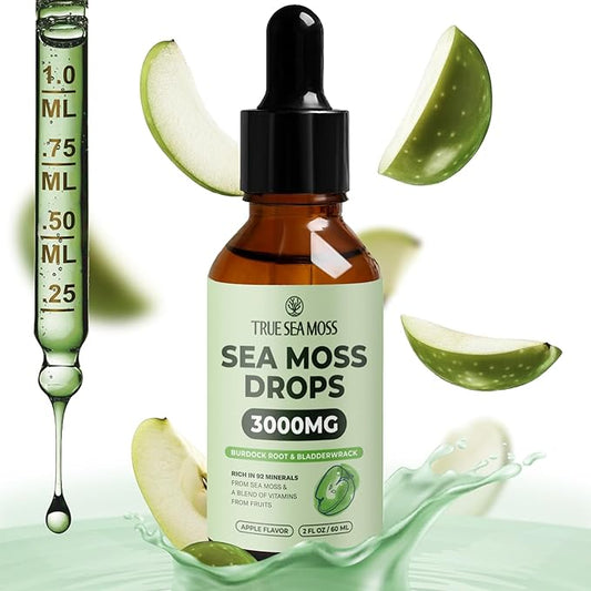 Irish Sea Moss Drops - 5X Stronger Than Sea Moss Gel - 92+ Essentials Minerals - with Bladderwrack, Burdock Root & Black Cumin - 2 Fl Oz (60ml) - Apple Flavor