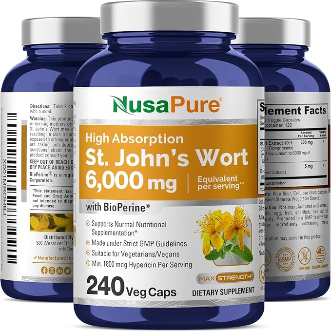 NusaPure St. John's Wort 6,000mg 240 Veggie Capsules (Vegetarian, Non-GMO) Bioperine
