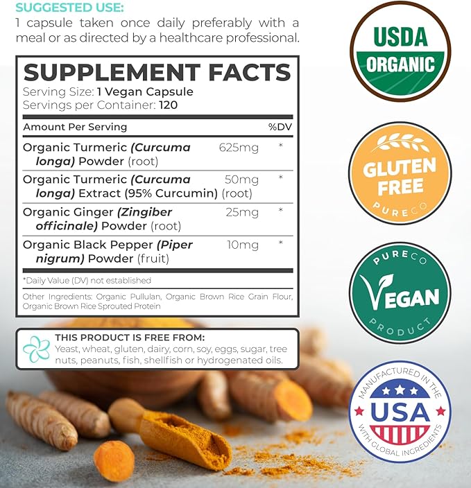 USDA Organic Turmeric Curcumin with Black Pepper and Ginger (4 Month Supply) Joint Support Supplement with Tumeric and Ginger Root Powder - Organic Turmeric Supplement - 120 Vegan Capsules (No Pills)