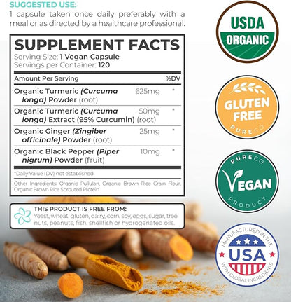 USDA Organic Turmeric Curcumin with Black Pepper and Ginger (4 Month Supply) Joint Support Supplement with Tumeric and Ginger Root Powder - Organic Turmeric Supplement - 120 Vegan Capsules (No Pills)