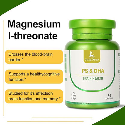 2 Bottles Magnesium L-threonate -100mg, DHA-100mg, Phosphatidylserine-40mg, Magnesium Complex Supplements for The Elderly Kids Brain Health and Cognitive Support Improve Brain - 120 Capsules
