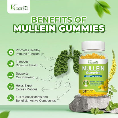 Mullein Gummies, Mullein Leaf Extract with Bromelain, Quercetin, Pine Bark Support Lung Cleanse for Healthy Breathing, 120ct