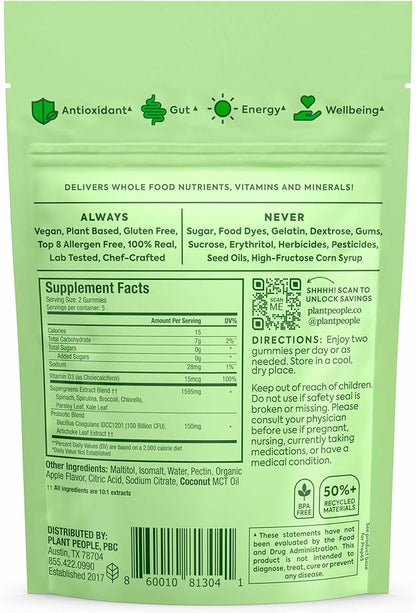 Plant People WonderGreens Veggie Gummies Super Greens with Probiotics Multivitamin Support Gummy for Wellbeing, Energy, Immune and Gut Health, Green Apple Flavor (Trial Size, 10 Count)