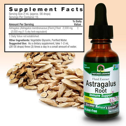 Nature's Answer Astragalus Root 1oz Extract | Promotes Overall Wellbeing | Super Concentrated 2000mg | Alcohol-Free, Gluten-Free, Kosher Certified & No Preservatives | Single Count