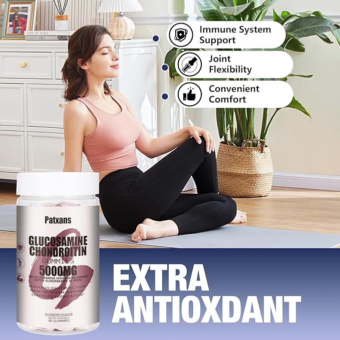 1Pack 5000MG Glucosamine Chondroitin Gummies with MSM & Elderberry Extra Strength - Joint Support, Antioxidant Immune Support Supplement for Adults, Men & Women, Blueberry Flavor, 60 Count.