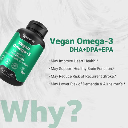 Vegan Omega 3 DHA, EPA & DPA from Algae | Vegan Society Certified, Sustainably Sourced, True Full Spectrum | 120 Veggie Softgels (Carrageenan Free)