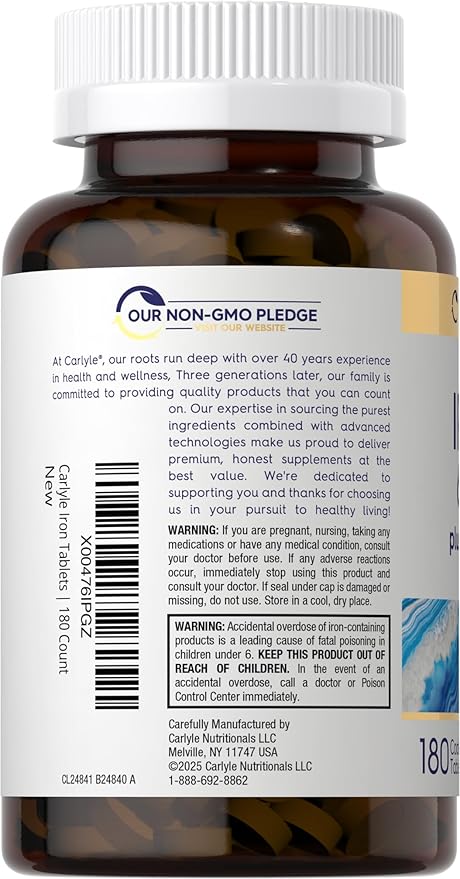 Carlyle Iron Supplement 65 mg with Vitamin C | 180 Tablets | 300mg of Vitamin C | Vegetarian, Non-GMO and Gluten Free