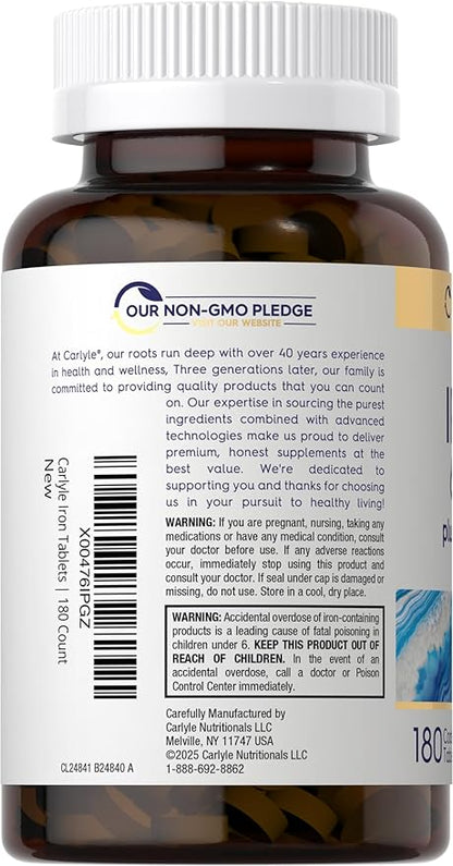 Carlyle Iron Supplement 65 mg with Vitamin C | 180 Tablets | 300mg of Vitamin C | Vegetarian, Non-GMO and Gluten Free