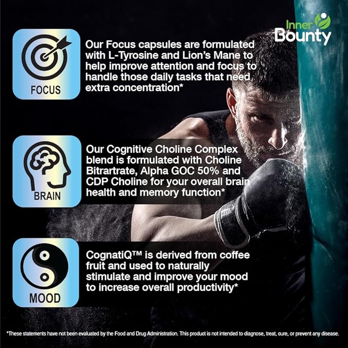 Focus 14-in-1 Nootropic Brain Supplement with Lions Mane, Alpha GPC Choline, Vitamin C & B12, Taurine, Bacopa - Energy, Cognitive, Memory Support, 60 Filler Free Capsules