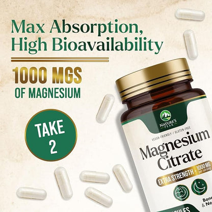 Magnesium Citrate Extra Strength 1000 mg - High Absorption Magnesium Supplement for Muscle, Bone, Nerve & Heart Health Support, Magnesio Vitamin Pills, Non-GMO, Nature's Premium Formula - 60 Capsules