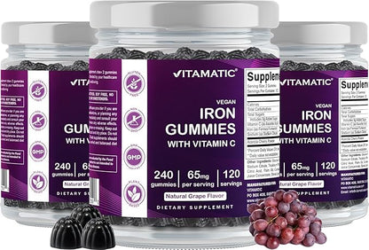 Vitamatic Iron 65 mg Gummies Supplement for Women & Men - 240 Vegan Gummies - Great Tasting Iron Gummy Vitamins with Vitamin C