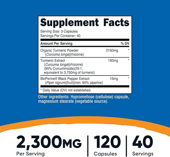 Nutricost Turmeric Curcumin with BioPerine and 95% Curcuminoids, 2300mg, 120 Capsules, Veggie Capsules, 767mg Per Cap, 40 Servings, Gluten Free, Non-GMO