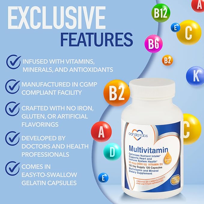Multivitamin - Heart and Immunity Supplements for Men & Women, Multivitamin for Men & Women, with Minerals B-Vitamin Complex, Vitamins A, C, E, K and 2000 IU Vitamin D3, 120-Count Bottle