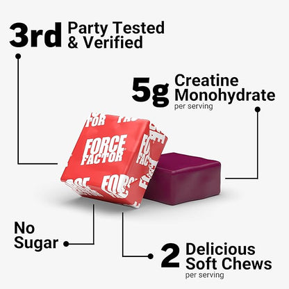 FORCE FACTOR Legendary Creatine Chews, 5g Creatine Monohydrate, Build Muscle, Improve Strength & Recovery, Support Memory & Cognitive Function, Sugar Free, Berry Blast, 60 Soft Chews