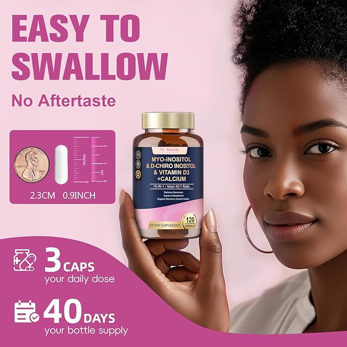 Myo-Inositol & D-Chiro Inositol for Women, 2050 mg inositol Supplement w/DIM, Ashwagandha, Folate, Vitamin D, Calcium, Ideal 40:1 Ratio, for Hormone Balance, Ovarian Function*, Overall Health, 120 Ct