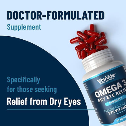 Omega 3 Dry Eye Supplements with EPA and DHA - VisiVite Dry Eye Relief Quench+ Eye Vitamins for dry eyes with Omega 3 Supplement - Dry Eye vitamins Made with Omega 3 Fish Oil - 60 Softgels.