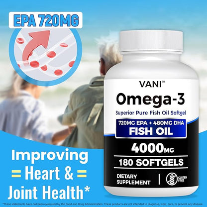 Fish Oil Omega 3 （4000mg）, 180 Softgels，Omega 3 Fatty Acid Supplements with EPA & DHA for Brain & Heart Health*