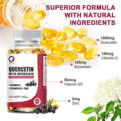 Quercetin 1000mg with Bromelain, Vitamin C & D3, Zinc, Bromelain Quercetin Supplements for Men & Women, Non-GMO & Gluten Free, 120 Capsules