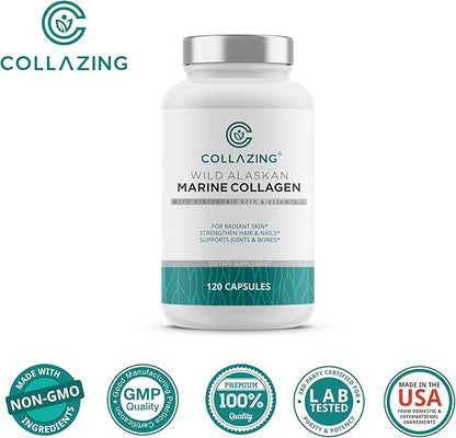 Alaskan Wild-Caught Marine Collagen Peptides with Hyaluronic Acid & Vitamin C - Supports Skin, Hair, Nails, Joints & Bones - Type 1 & 3 Collagen for Women & Men - 120 Powder Capsules