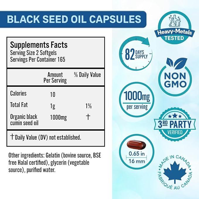 Bio Absorb Black Seed Oil Capsules, 82-Day Supply, Cold Pressed Pure Black Cumin Seed Oil (Nigella Sativa) (330 softgels, 500mg)
