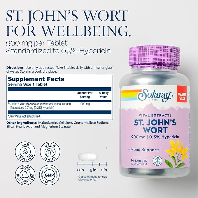 SOLARAY St. Johns Wort Aerial Extract One Daily 900mg | Standardized w/ 0.3% Hypericin for Mood Stability | Non-GMO | 90 Servings | 90 Tablets