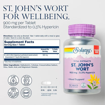 SOLARAY St. Johns Wort Aerial Extract One Daily 900mg | Standardized w/ 0.3% Hypericin for Mood Stability | Non-GMO | 90 Servings | 90 Tablets