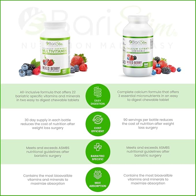 BariSlim Bariatric Calcium Citrate & Advanced Chewable Bariatric Multivitamin with Iron - Bariatric Vitamin and Supplement for Post Bariatric Surgery Including Gastric Bypass and Gastric Sleeve