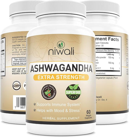 Organic Ashwagandha Capsules, Extra Strength | Ayurvedic Supplement for Stress, Mood & Energy Support | with Black Pepper - 60 Count (1405 mg)