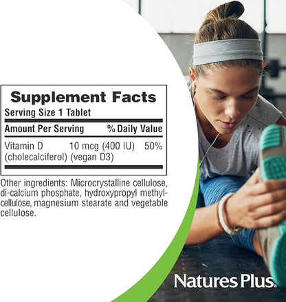 NaturesPlus Vitamin D3 (Cholecalciferol) - 400 iu, 90 Vegetarian Tablets - Bone Health, Heart Health & Immune System Support, Water Soluble for Maximum Absorption - Gluten-Free - 90 Servings