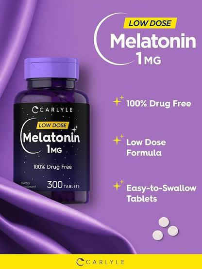 Carlyle Melatonin 1 mg | 300 Low Dose Tablets | Drug Free Aid | Vegetarian, Non-GMO, Gluten Free