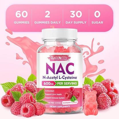 2 Pack NAC Gummies, N Acetyl Cysteine 600mg NAC Supplement for Antioxidants & Immune Support, Lung & Liver Health, Sugar-Free, Raspberry Flavor, 120 Count
