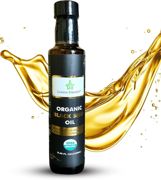 Cosmic Element Cold Pressed Black Seed Oil Organic - Omega 3 6 9 | Vegan Nigella Sativa Organic Black Cumin Seed Oil - Antioxidant for Immune Support, Joints, Digestion, Hair & Skin | 8.4 Fl Oz