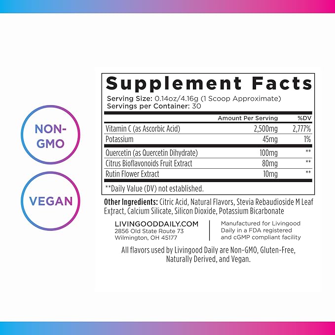 Livingood Daily High Dose Vitamin C Powder Supplement, 2,600 MG Ascorbic Acid Powder Supports Immunity & Skin Health, Powdered Vitamin C with Quercetin, Sweetened with Stevia, Vegan, 30 Servings