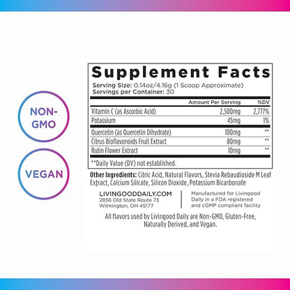 Livingood Daily High Dose Vitamin C Powder Supplement, 2,600 MG Ascorbic Acid Powder Supports Immunity & Skin Health, Powdered Vitamin C with Quercetin, Sweetened with Stevia, Vegan, 30 Servings