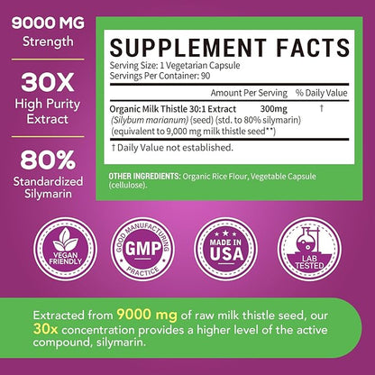 Organic Milk Thistle, 9000 mg Equivalent, 30X Concentrated Seed Extract, 80% Silymarin, Liver Support Cleanse Detox, Fatty Liver Supplements, Non-GMO, No Gluten & Soy, 90 Veggie Caps, 3 Month Supply
