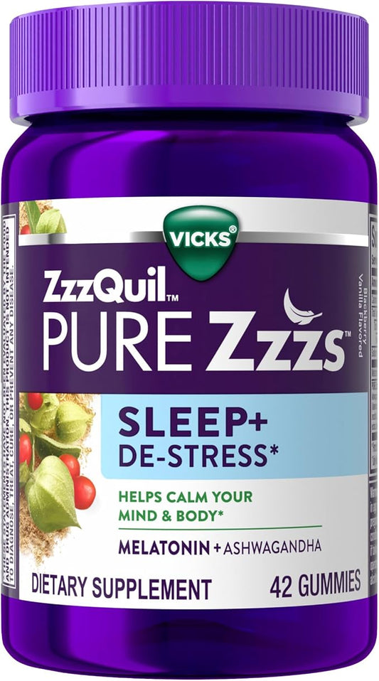 ZzzQuil PURE Zzzs De-Stress Melatonin Sleep Aid Gummies, Helps Calm Your Mind and Body, Ashwagandha for Stress Support, Sleep Aids for Adults, 1 mg per gummy, 42 Count