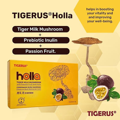 TIGERUS® Holla Tiger Milk Mushroom with Passion Fruit and Inulin - Immune Support, Digestive Health, Antioxidant Boost, Natural Wellness Supplement - 30 Sachets