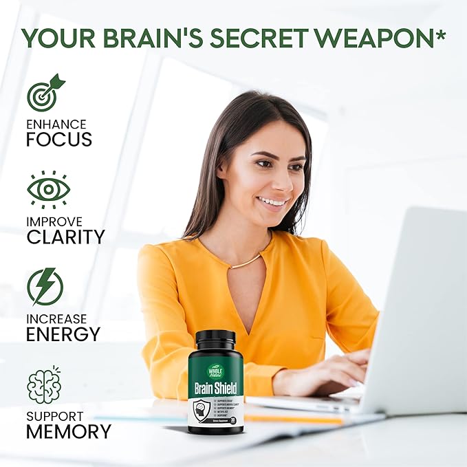 Brain Booster Nootropics - Brain Shield with Ginkgo Biloba, Alpha GPC and Bacopa Monnieri, Vitamin B12, B3 - Support Focus, Memory & Clarity, Energy & Stress Relief. (1)