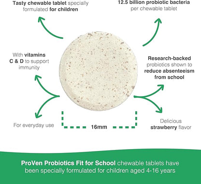 Probiotics Fit for School | 30 Tasty Strawberry Flavored Chewable Tablets | Designed for Childern Age 4-16 | 12.5 Billion CFUs Supports Immune System and Digestive Health