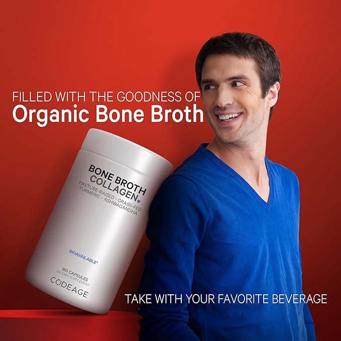 Codeage Organic Bone Broth Collagen Peptides Capsules Supplement, Grass Fed Beef Bone Broth, Free-Range Chicken Bone Broth, Turmeric & Ashwagandha - Collagen Types I, II, III - Non-GMO - 180 Capsules