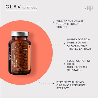 CLAV Organic Milk Thistle & Artichoke Extract Complex -Rich in Silymarin & Bitters - Liver Support + Detox Supplement - 120 Capsules (60 Days Supply) - Vegan - Made in Germany