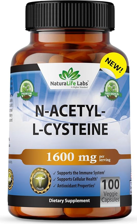 NaturaLife Labs N-Acetyl-L-Cysteine (NAC) 1600 mg Immune Support & Antioxidants*, Free-Radicals, Free Form, Exercise Performance - 100 Veggie Capsules