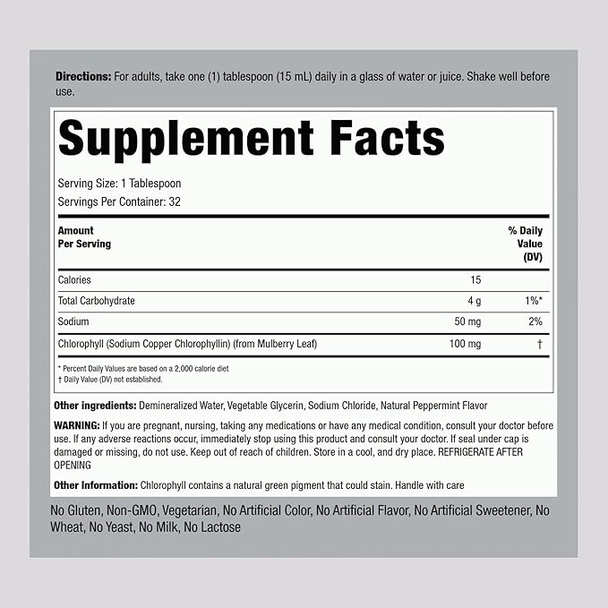 Piping Rock Liquid Chlorophyll 100mg | 16 oz | Mint Flavor | for Women & Men | Vegan, Non-GMO, and Gluten Free Formula